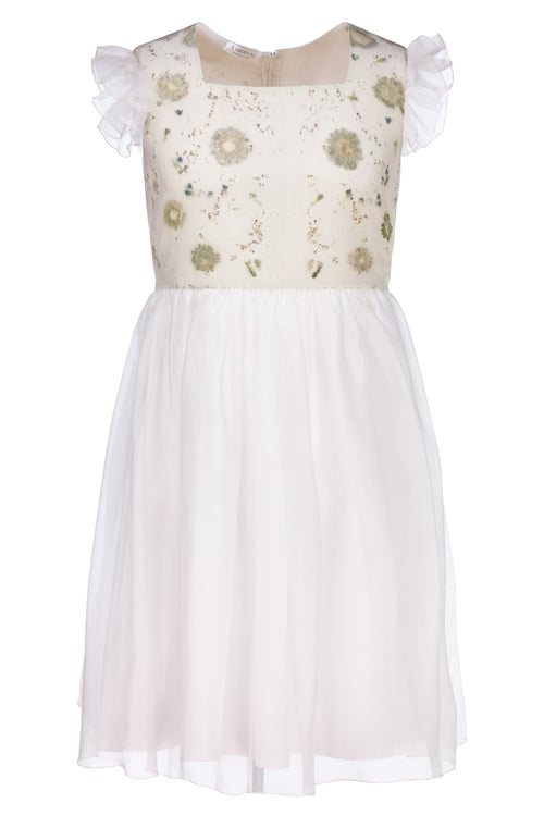 Dafne organza and cotton dress with ecoprint and rouches