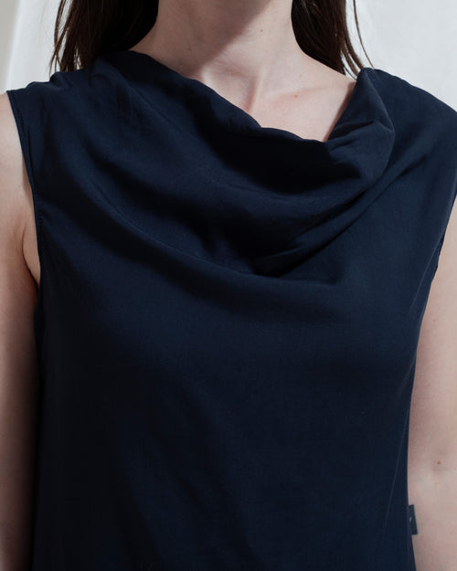 Abito Tea blu con drappeggio frontale
