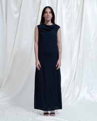Abito Tea blu con drappeggio frontale
