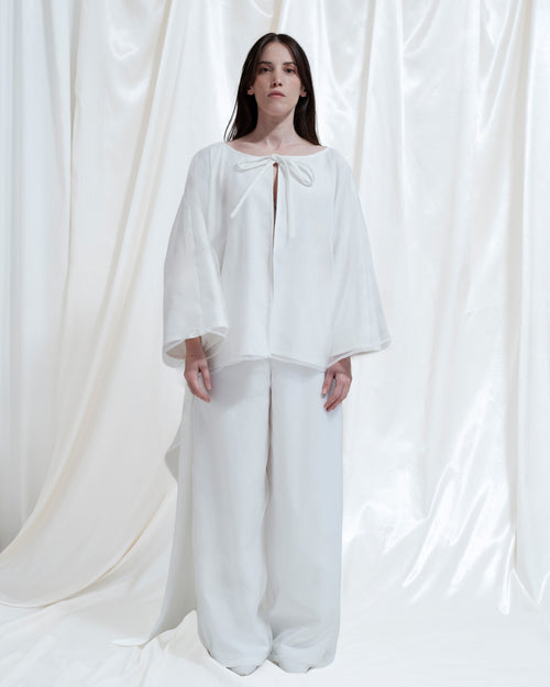 Camicia lunga asimmetrica in organza e lana