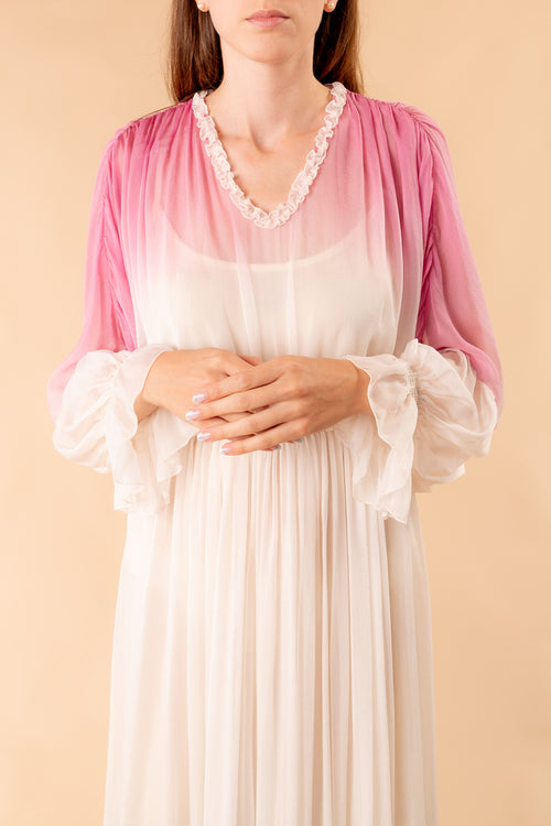 Ada dress in colored silk chiffon with natural dye degradation