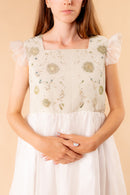 Dafne organza and cotton dress with ecoprint and rouches