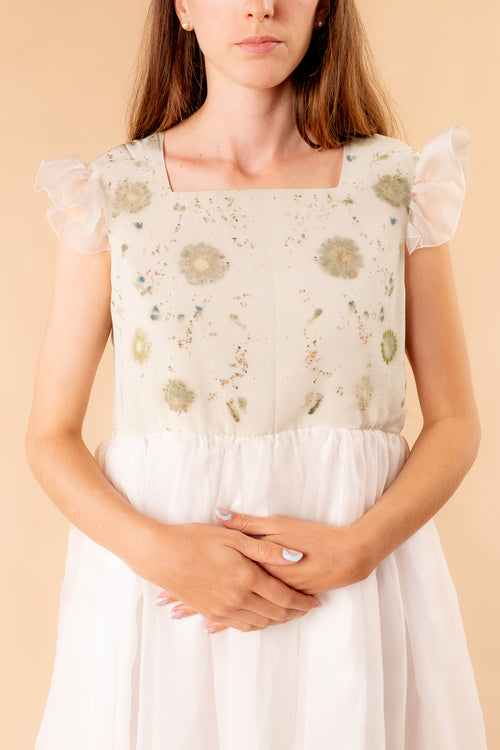 Dafne organza and cotton dress with ecoprint and rouches